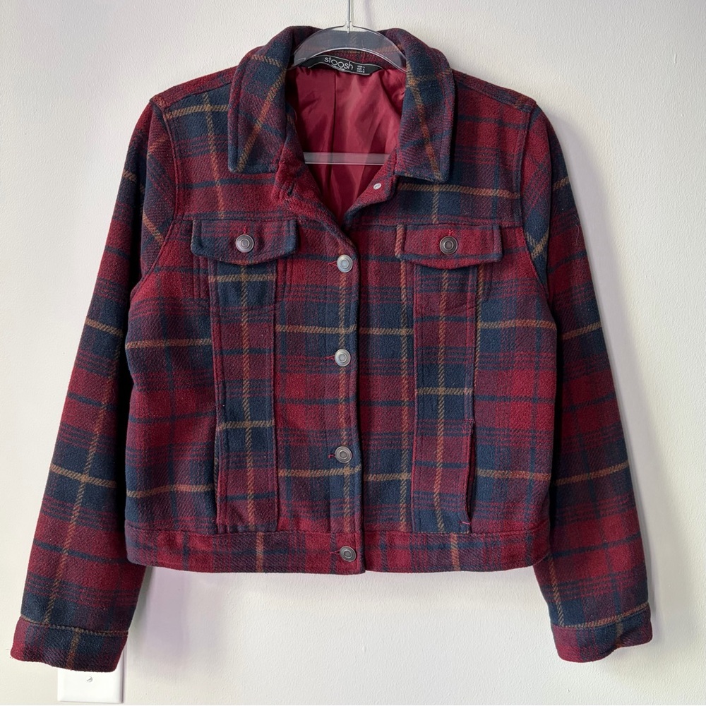 Stoosh Dark Red and Navy Plaid Button Up Shacket Jacket Cozy Layering Rustic